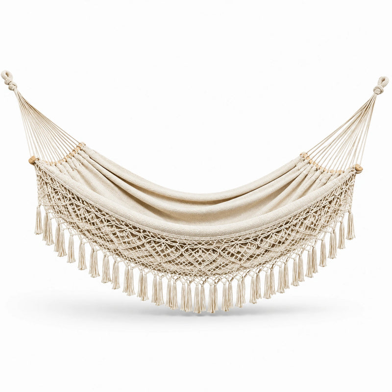 Hamac en coton avec franges beige 200x150 cm