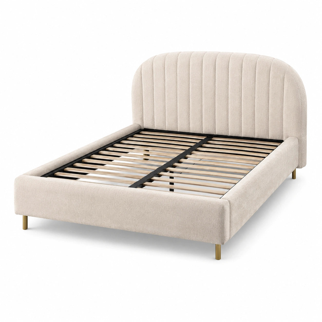 Lit double en bois et textile beige avec pieds en métal