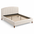 Lit double en bois avec tête de lit en tissu polyester beige 140x200 cm
