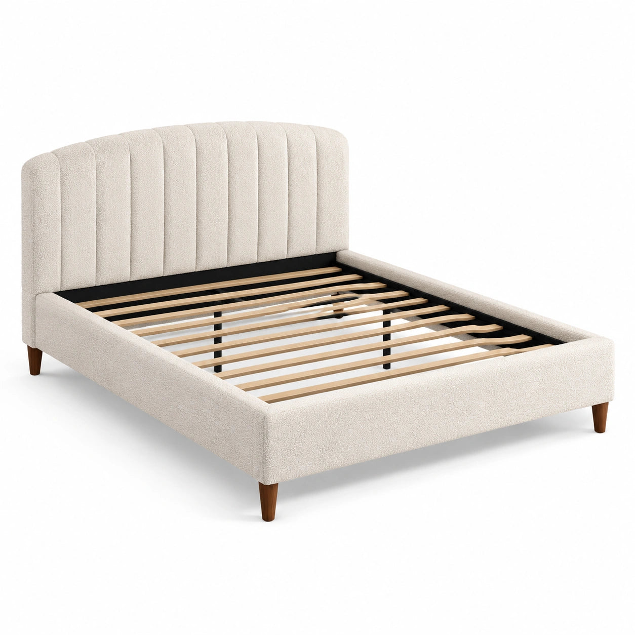 Lit double en bois avec tête de lit en tissu polyester beige 140x200 cm