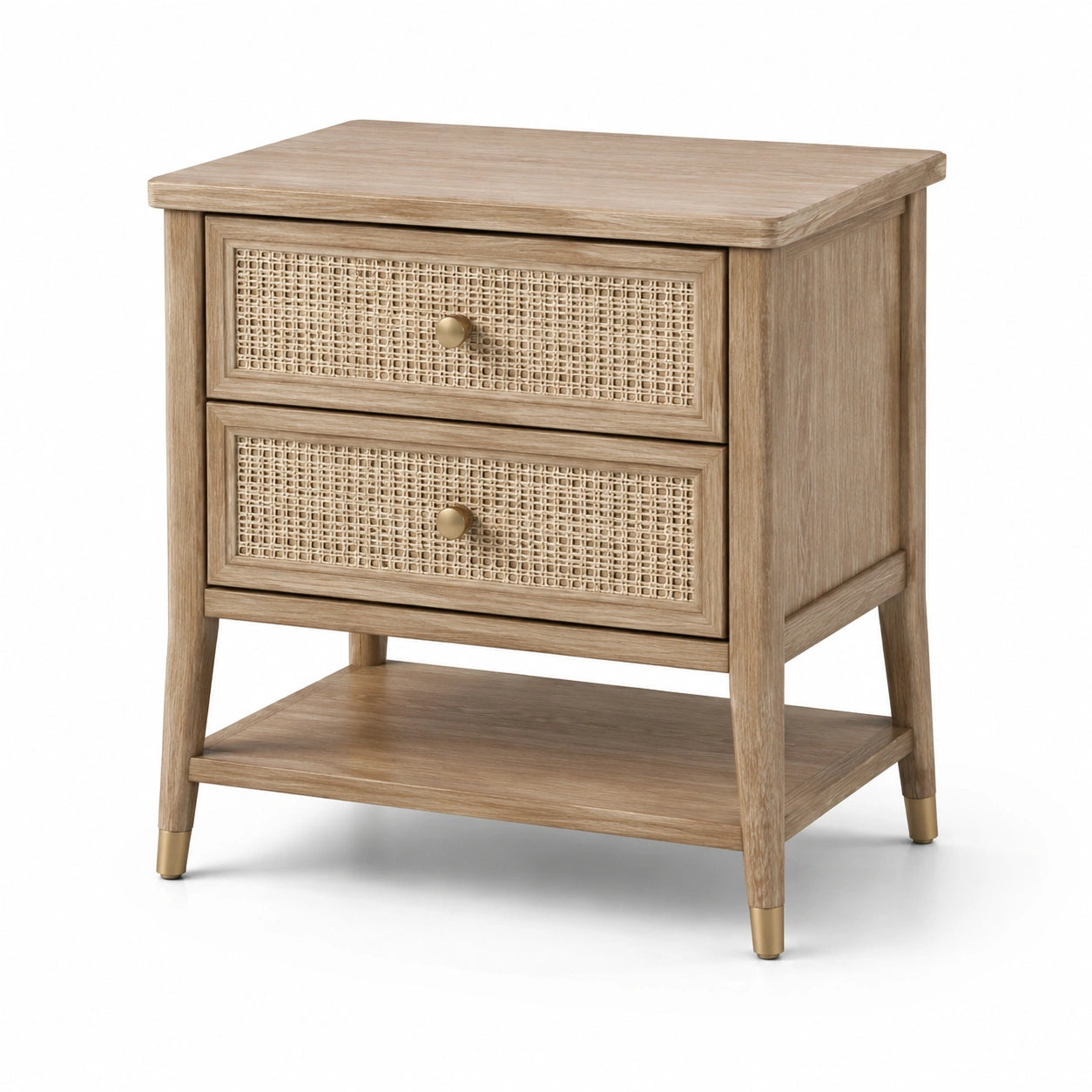 Table de chevet en bois avec tiroirs en rotin tressé