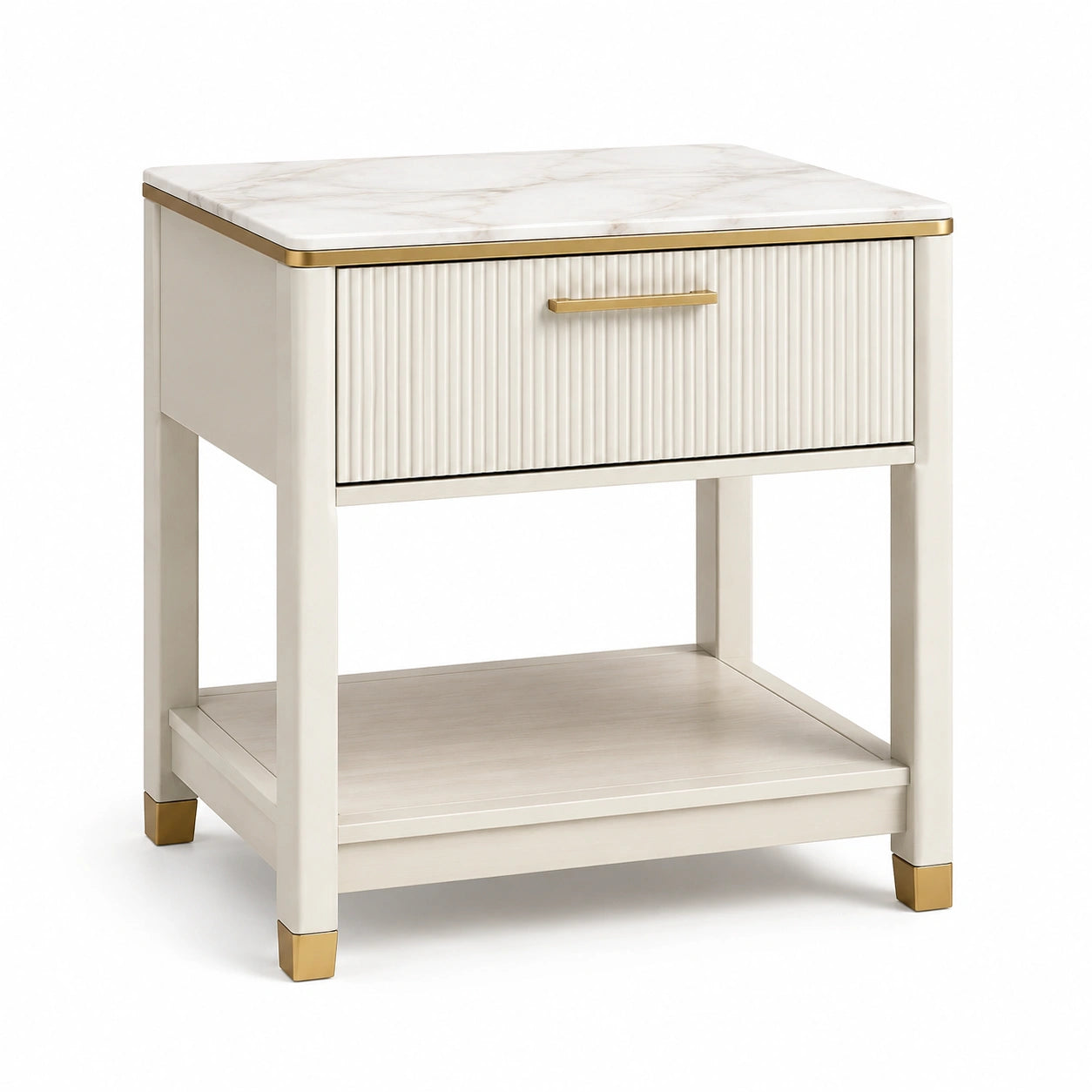 Table de chevet en bois avec tiroir et plateau en marbre artificiel blanc et détails dorés