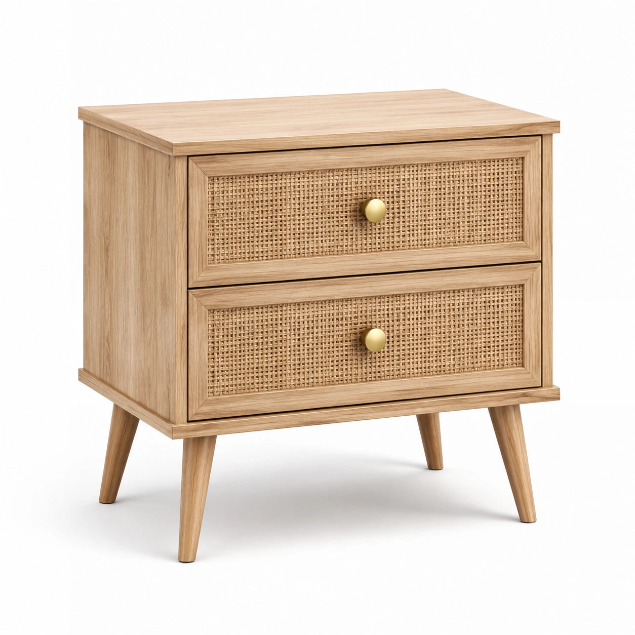 Table de chevet en bois et rotin avec 2 tiroirs