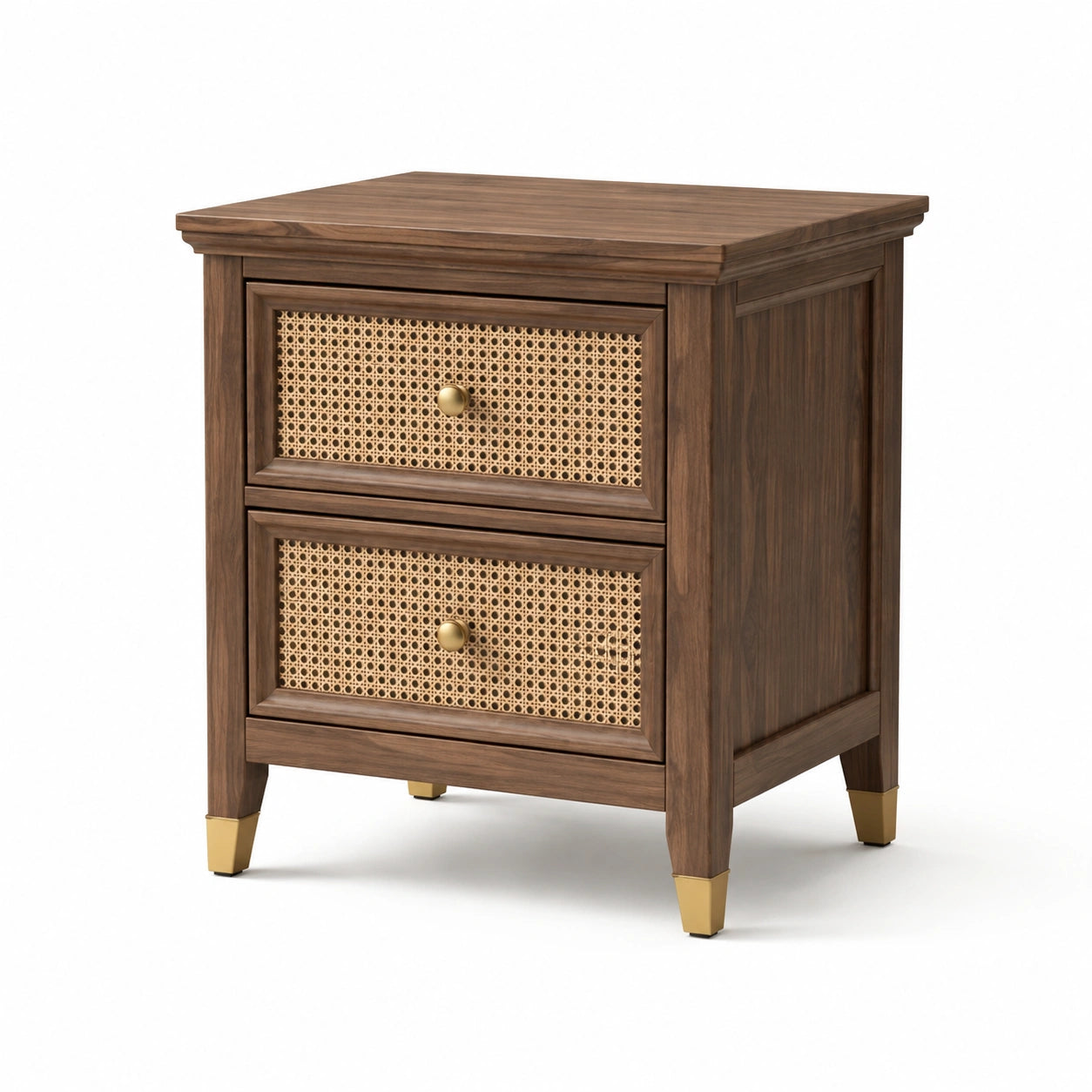 Table de chevet en bois et rotin avec boutons dorés