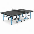 Table de ping-pong en bois pliable avec filet et roues, noir et bleu
