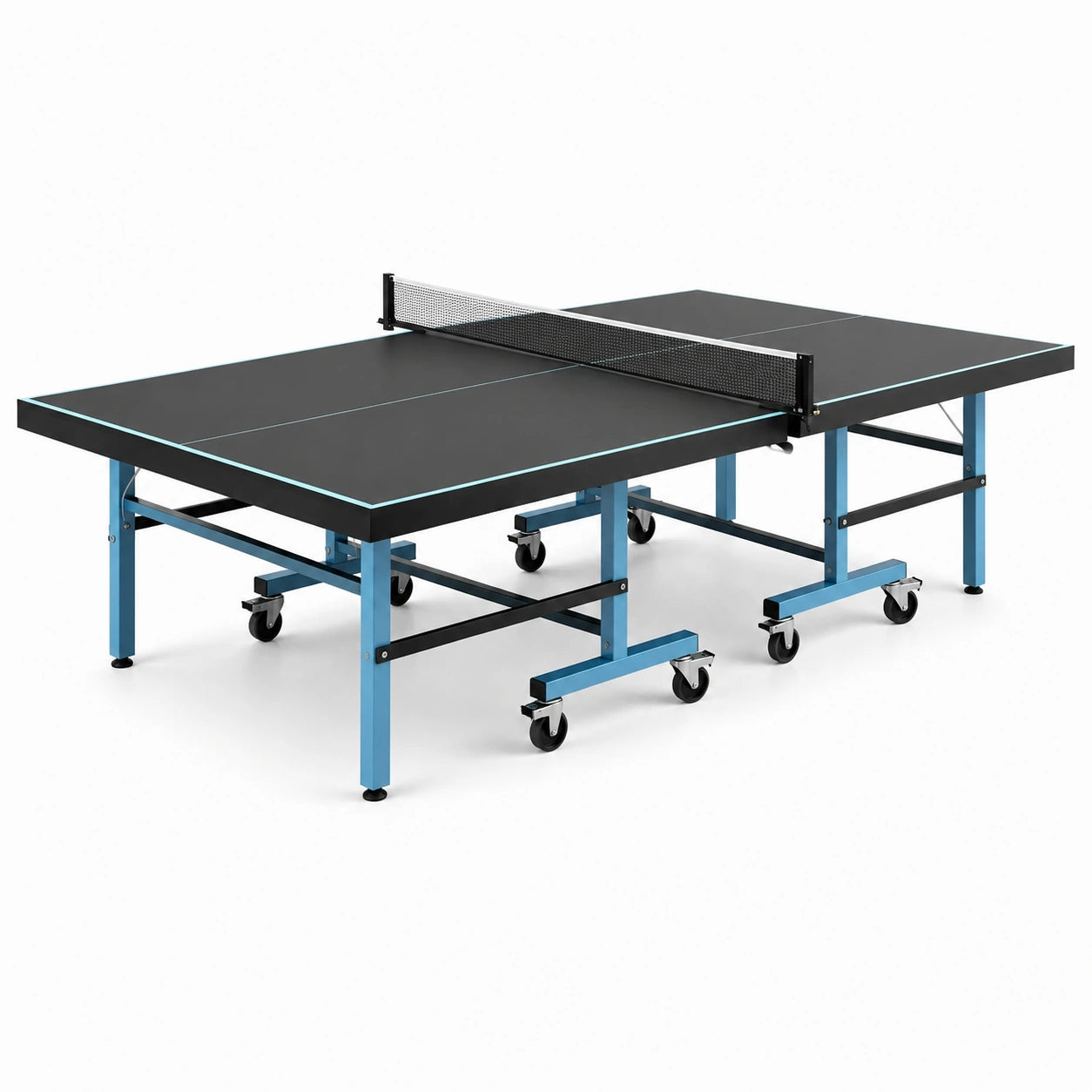 Table de ping-pong en bois pliable avec filet et roues, noir et bleu