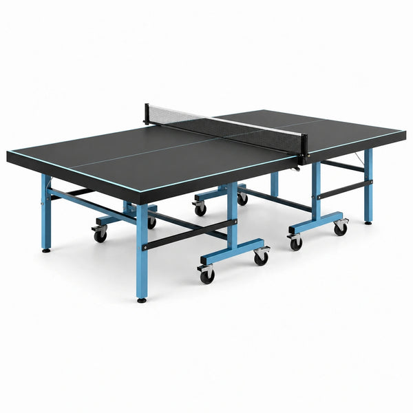 Table de ping-pong en bois pliable avec filet et roues, noir et bleu