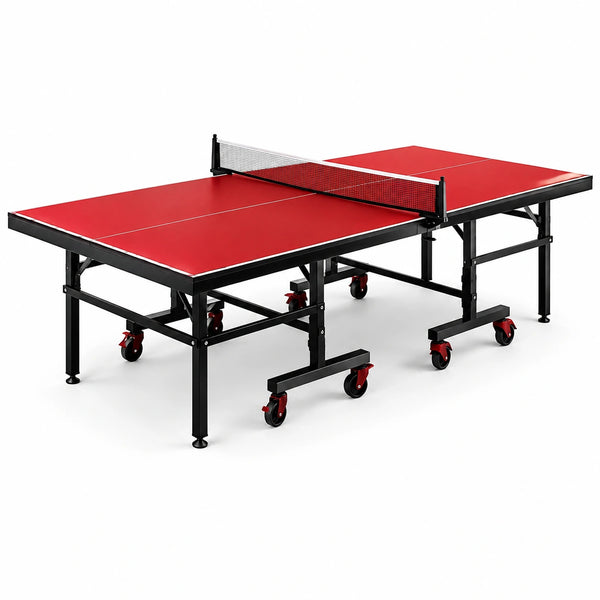 Table de ping-pong intérieure MDF et acier rouge/noir avec roues