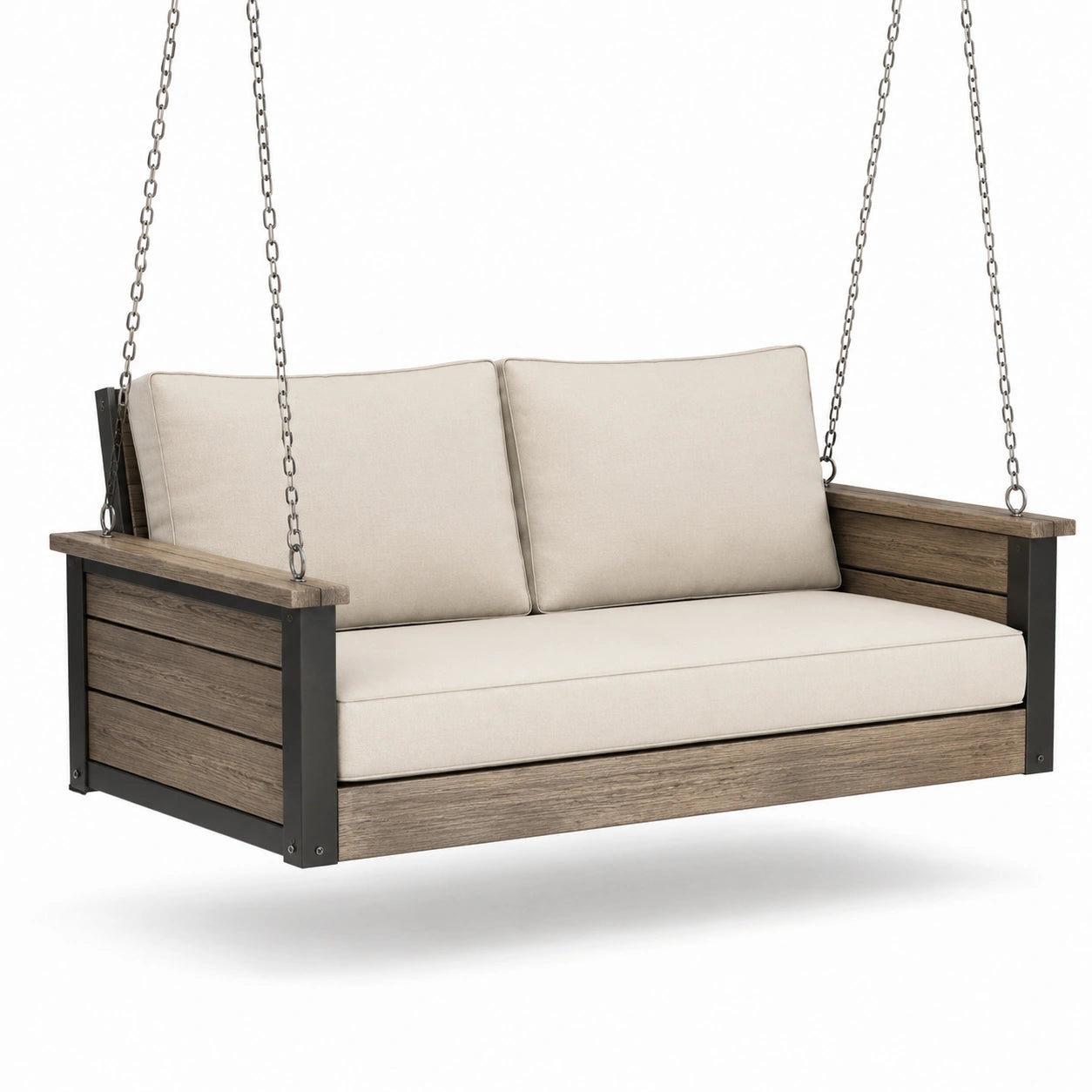 Balancelle en bois et métal avec coussins en polyester beiges