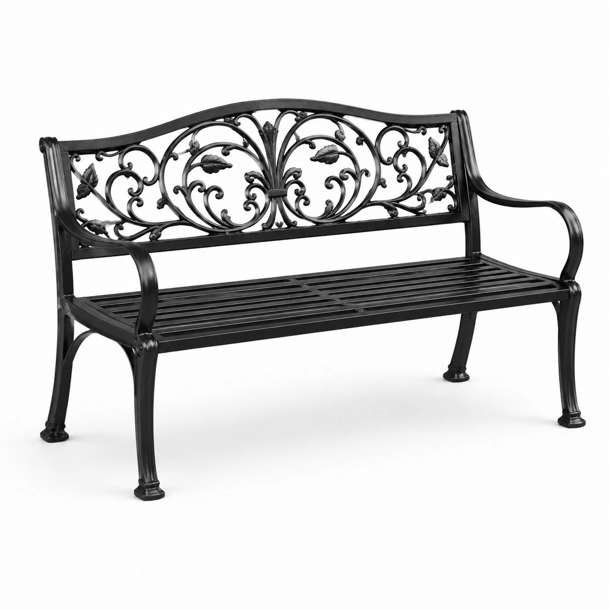 Banc de jardin en fonte noir avec motifs floraux