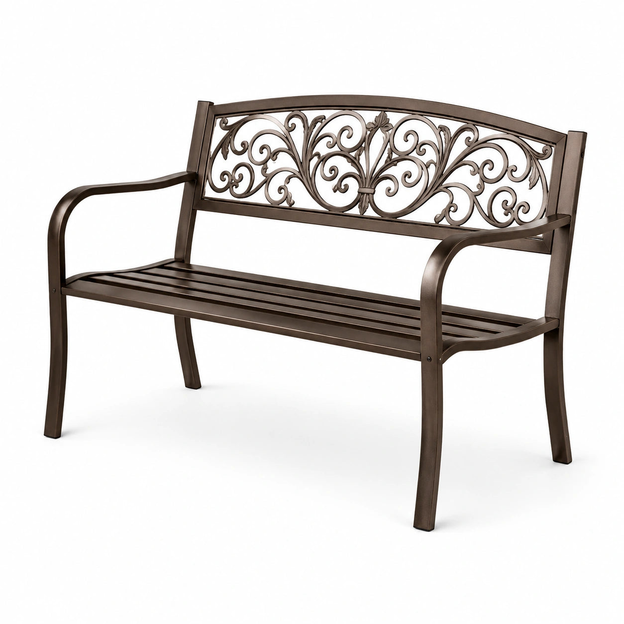 Banc de jardin en métal marron avec motifs décoratifs