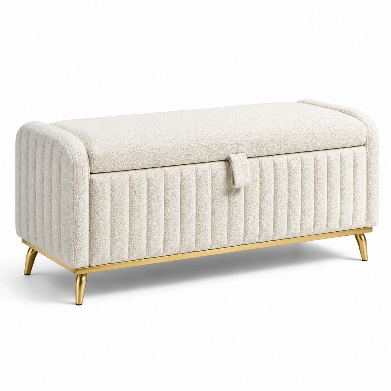 Banc de rangement en tissu bouclé beige avec pieds en métal doré