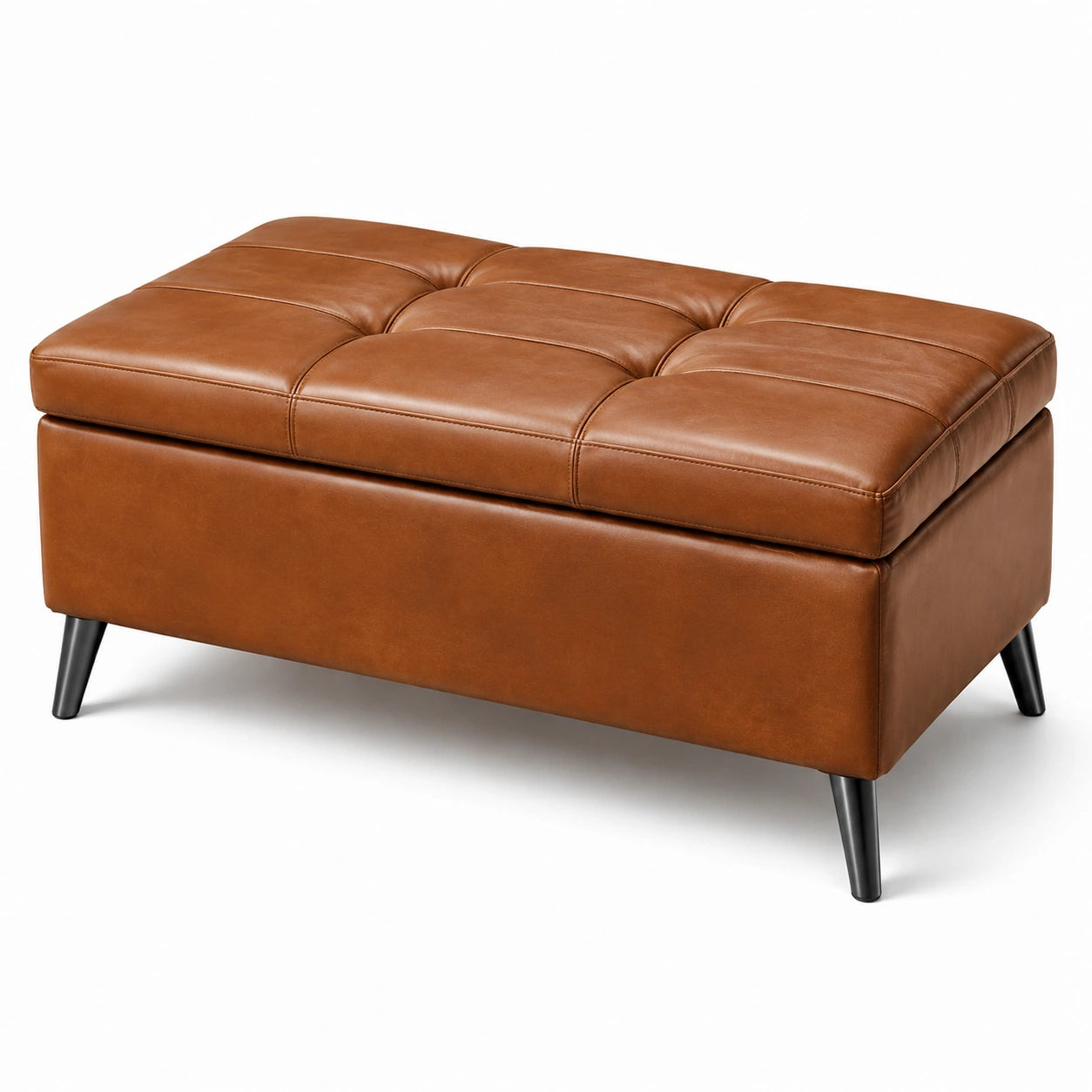 Banc en cuir synthétique marron, pieds métalliques, 120 x 60 x 45 cm