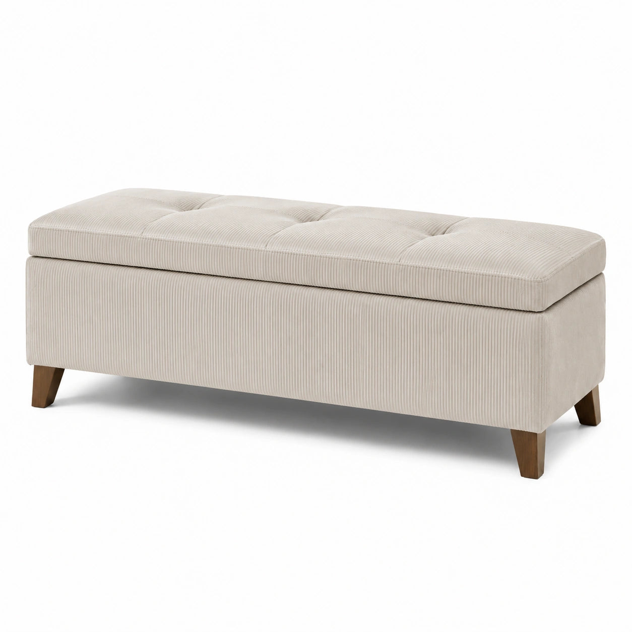 Banc de rangement en velours côtelé beige avec pieds en bois