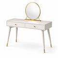 Coiffeuse en bois MDF avec miroir rond et métal doré, 2 tiroirs, blanc
