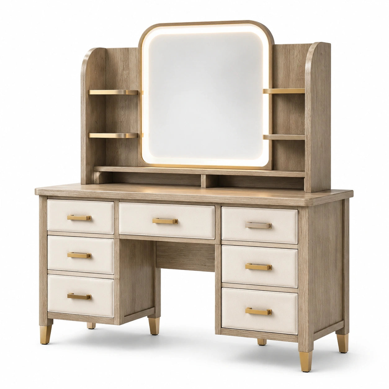 Coiffeuse en bois de chêne avec miroir LED et tiroirs