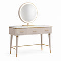 Coiffeuse avec miroir LED rond et plateau en marbre artificiel blanc et or