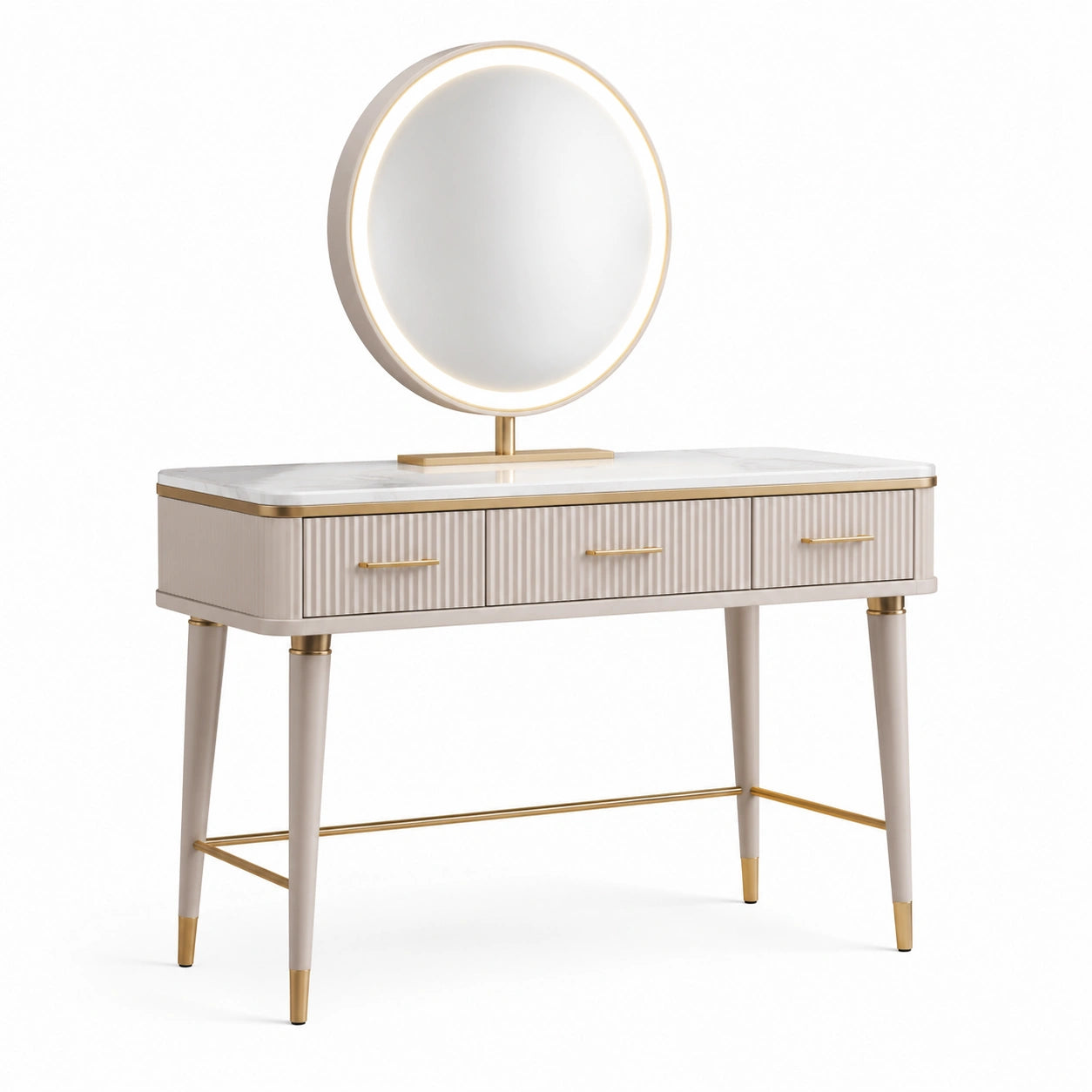 Coiffeuse avec miroir LED rond et plateau en marbre artificiel blanc et or