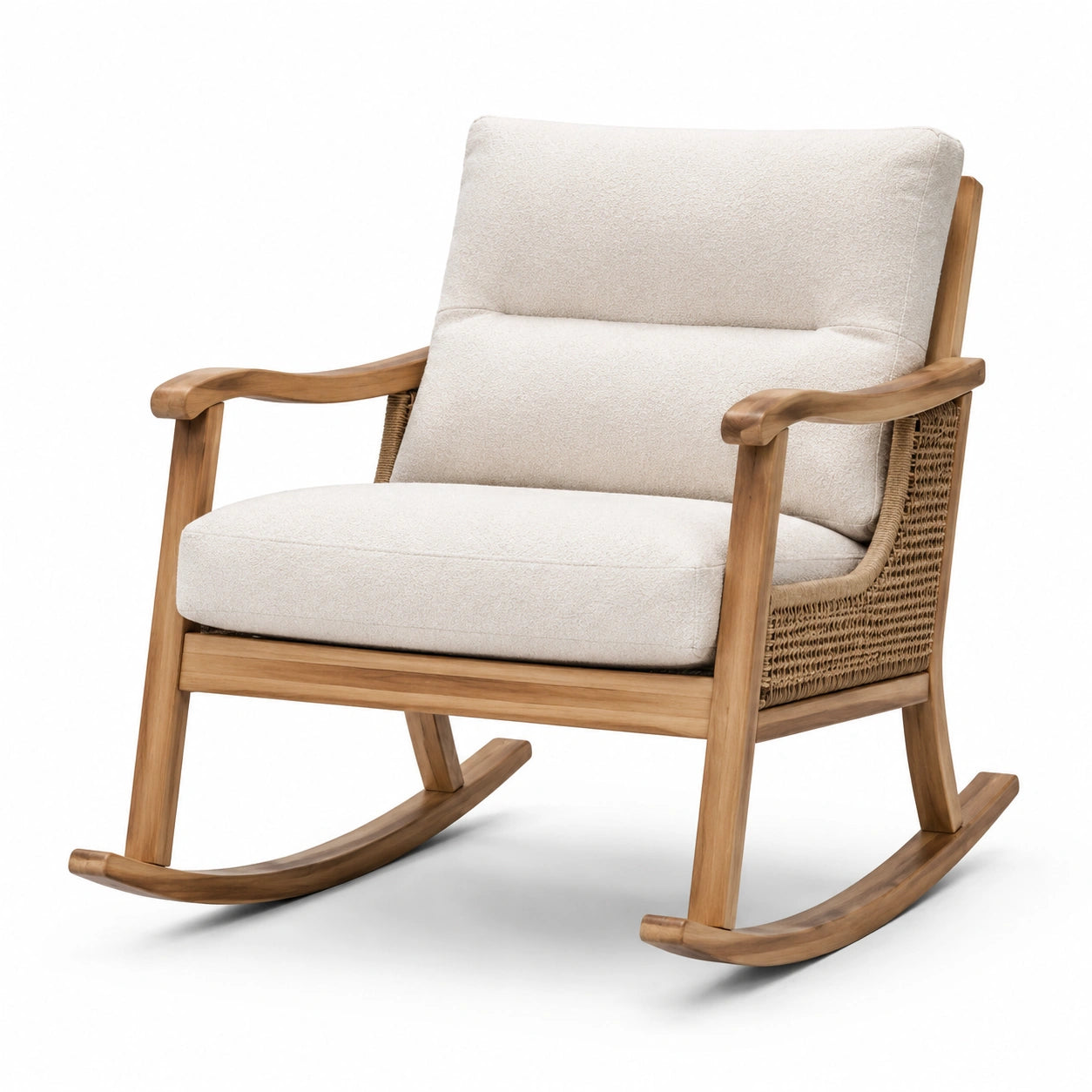 Fauteuil à bascule en bois de teck et rotin avec coussins en polyester crème