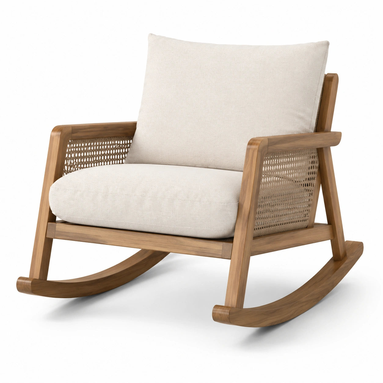 Fauteuil à bascule en bois et rotin avec coussins en lin beige