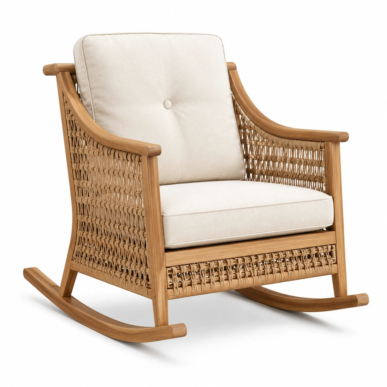 Fauteuil à bascule en bois et rotin avec coussins crème