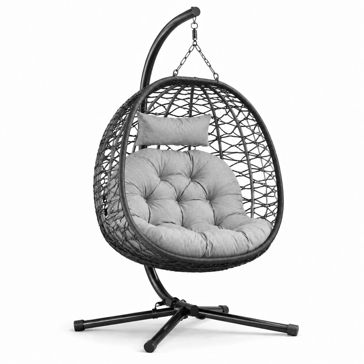 Chaise suspendue en résine tressée et acier avec coussin gris