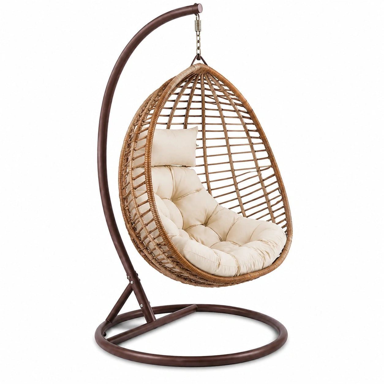 Chaise suspendue rotin avec support en métal et coussin beige