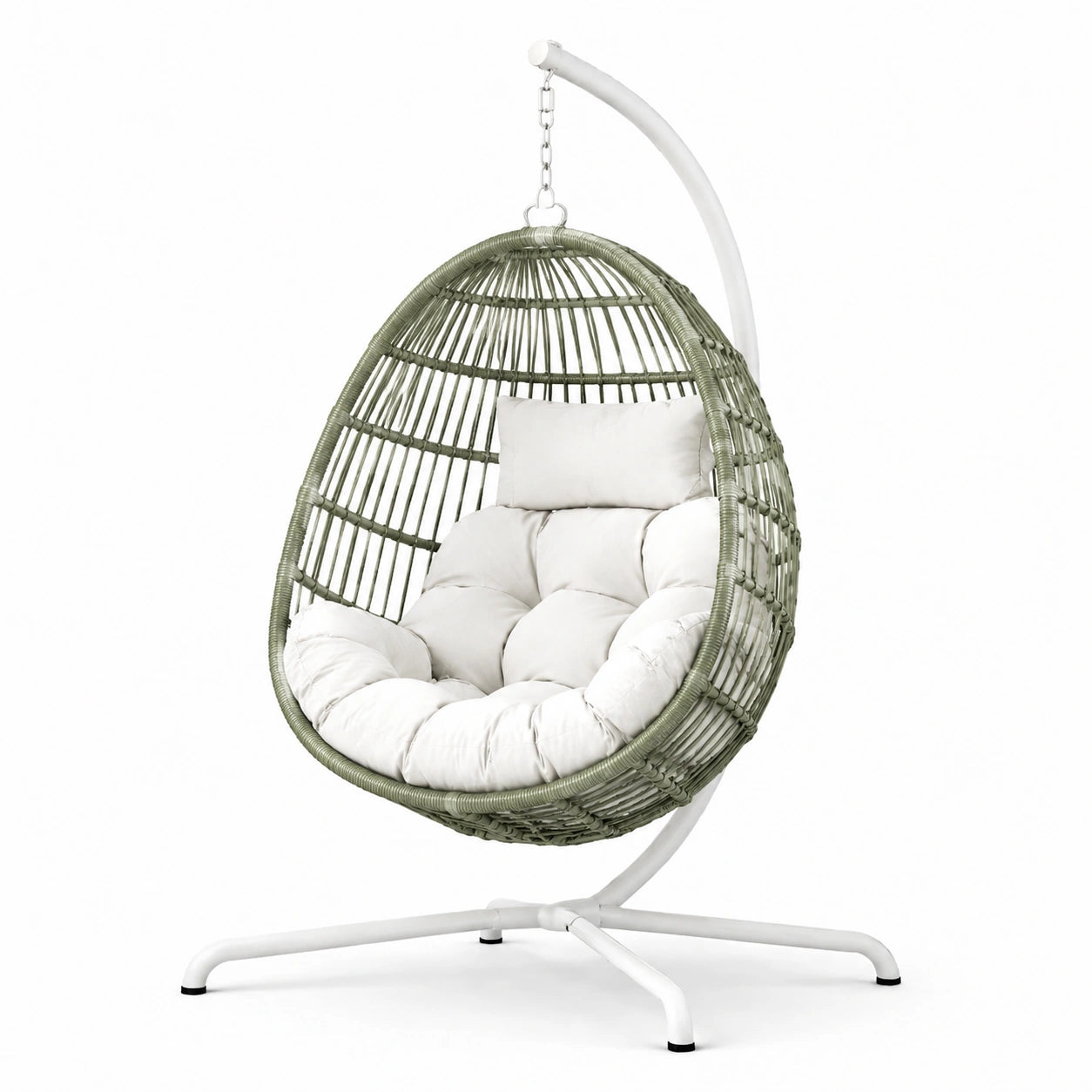 Chaise suspendue en résine avec coussins en polyester, structure en acier blanc